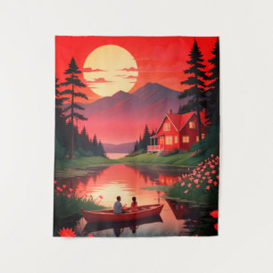 Tenture Peinture au coucher du soleil avec un bateau au la