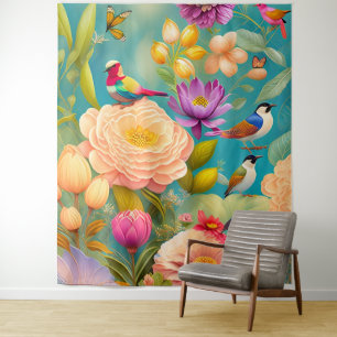 Tenture Peonies et Oiseaux aux couleurs pastel