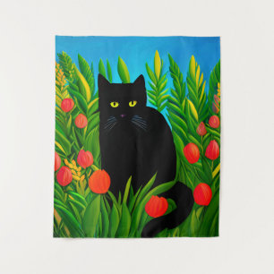 Tenture Petit chat noir dans un jardin de tulipes