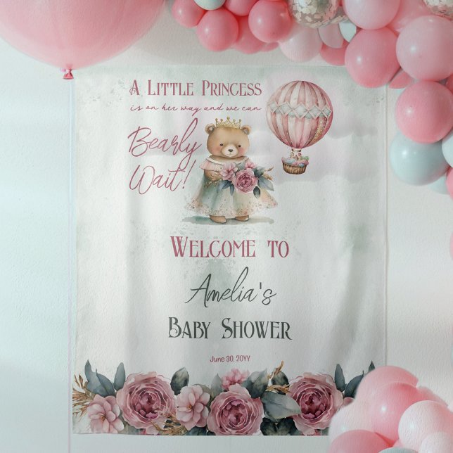 Tenture Petite princesse Ours Bearly Wait Girl Baby shower ("A Little Princess Is On Her Way and We Can Bearly Wait!" cute teddy bear princess shower design.)