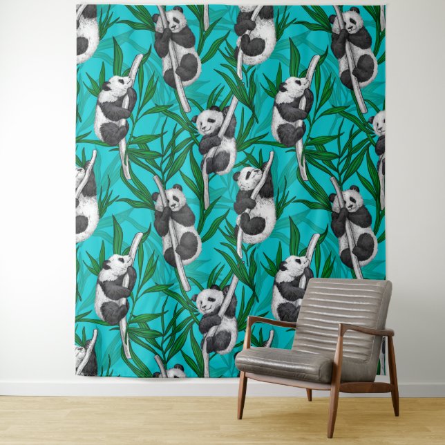 Tenture Petits panda turquoise (En situation)