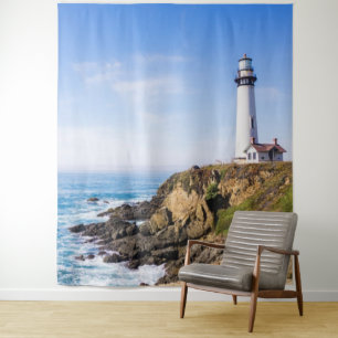 Tenture Phare sur la colline bleu ciel blanc océan