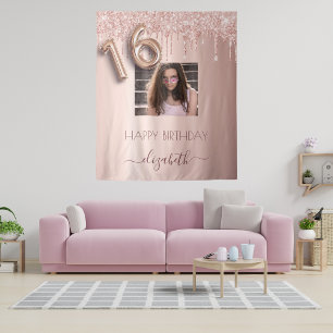 Tenture photo de fête des 16 ans rose gold pailleté rose