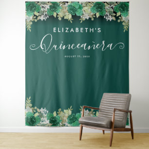 Tenture Photo de Quinceanera Émeraude Florale Verte Annive