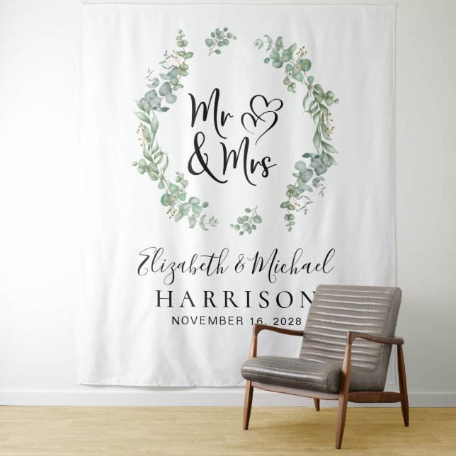 Tenture Photobooth de mariage M. Mme Eucalyptus Verdure (En situation)