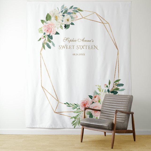 Tenture Photobooth Prop Fleurs Rose Gold pour Sweet 16 (En situation)