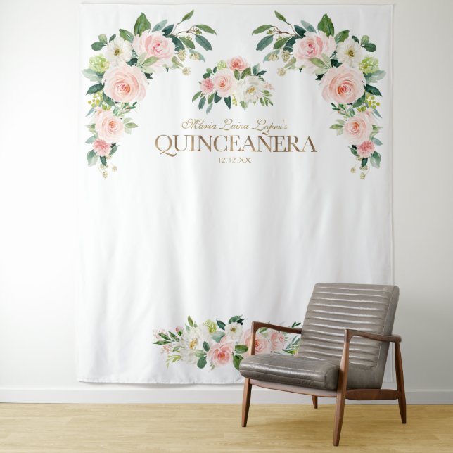Tenture Photomaton de Quinceañera Floral Ivoire Rose Luxue (En situation)