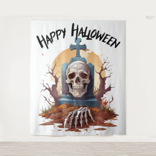 Tenture Pierres et squelette de tête joyeux Halloween