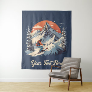 Tenture Pin de montagne vintage Ski orange coucher de sole