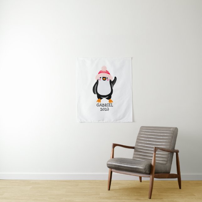 Tenture Pingouin de Noël mignon personnalisé en Casquette  (En situation)
