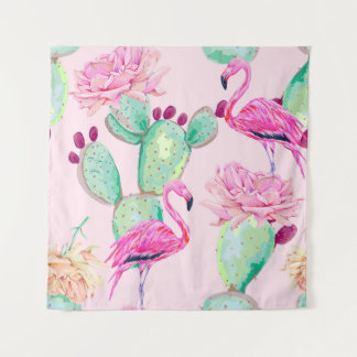 Tenture Pink flamingo, exotic birds, gentle flowers, rose,