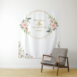 Tenture Pink Floral Gold First Holy Communion Photo Prop