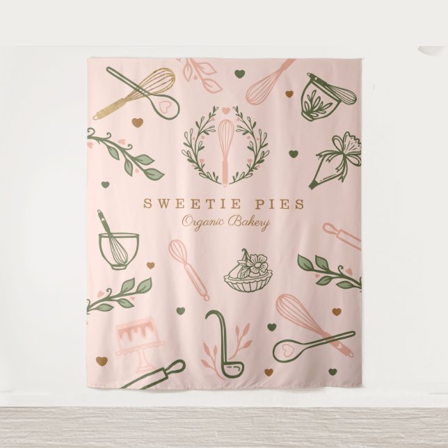 Tenture Pink & Olive Green Baking & Cuisine Ustensiles Bou (Devant)