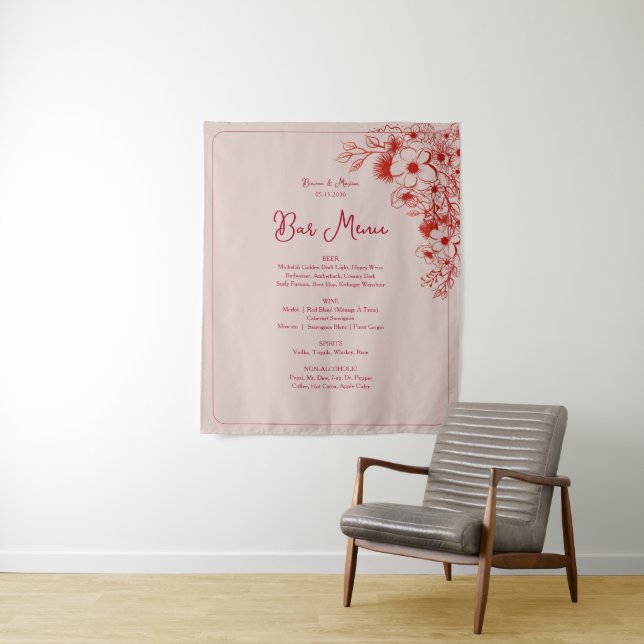 Tenture Pink Red Floral Wedding Bar Menu (En situation)