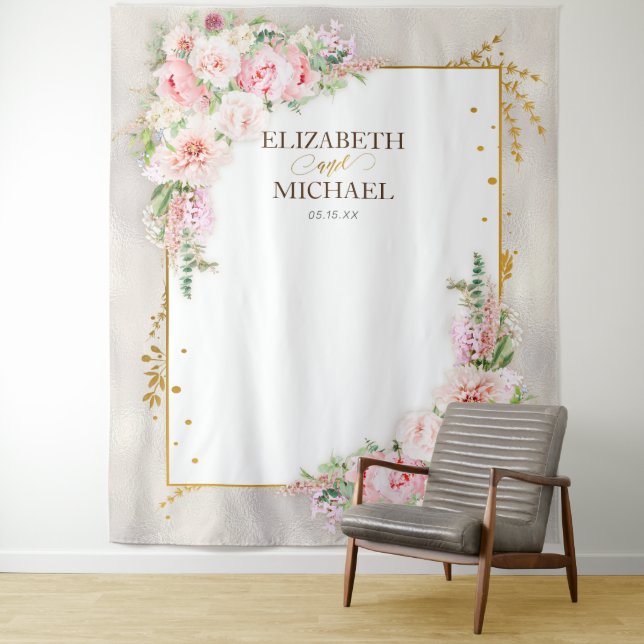 Tenture Pivoine rose Floral Or Script & Cadre de Fond (En situation)