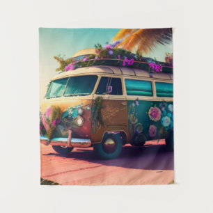 Tenture Plage, Van Hippie, Fleurs Trippy, Boho, Colorée