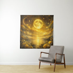 Tenture Pleine Lune Dorée sur le Lac Enchanté — Fantastiqu