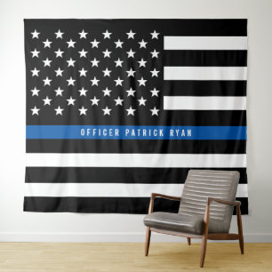 Tenture Police Mince Ligne Bleue Américain Drapeau Monogra