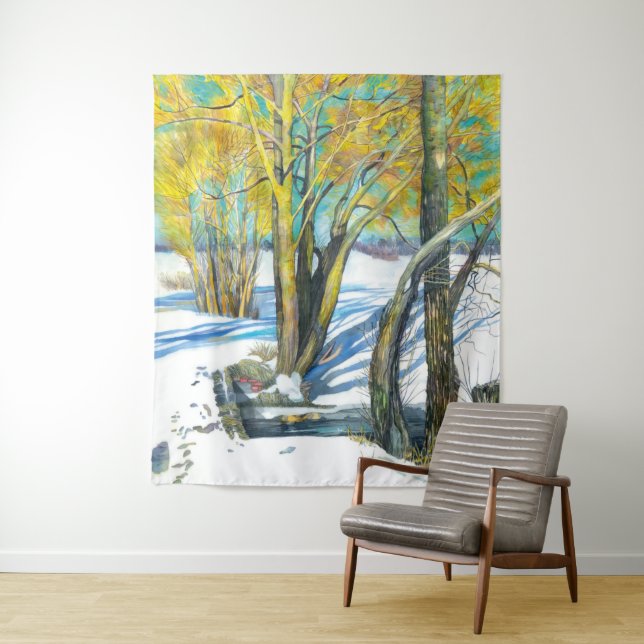 Tenture Pont en hiver Peinture aquarelle (En situation)