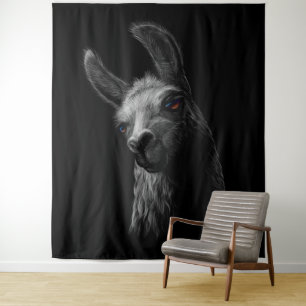 Tenture Portrait Head Cute Llama avec Arrière - plan noir