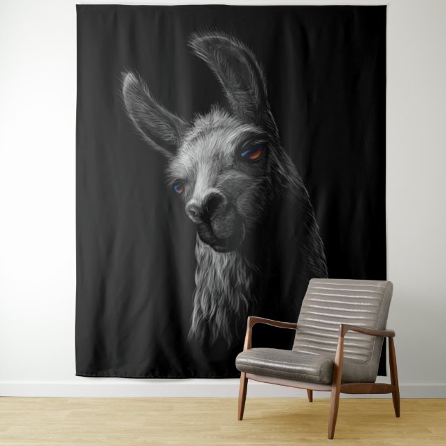 Tenture Portrait Head Cute Llama avec Arrière - plan noir (En situation)