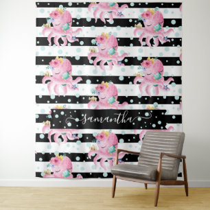 Tenture Poulpe floral rose Bulles d'eau Rayures noires