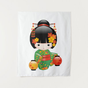 Tenture Poupée Kokeshi d'automne - Fille Geisha en Kimono