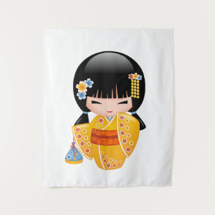 Tenture Poupée Kokeshi d'été - Fille Geisha en Kimono Jaun