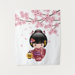 Tenture Poupée Kokeshi Sakura - Jolie Fille Geisha Japonai
