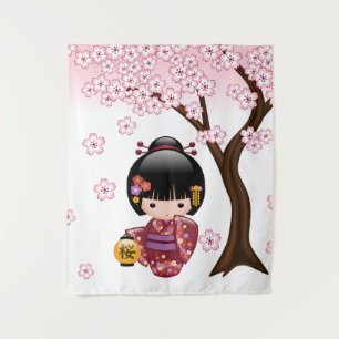 Tenture Poupée Kokeshi Sakura - Jolie Fille Geisha Japonai