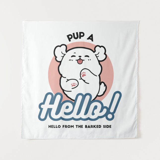 Tenture Prends un bonjour ! - Joyeux dessin de chien blanc (Devant)