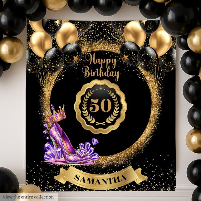 Tenture Purple talons hauts 50e anniversaire arrière-plan (Purple High Heels 50th Birthday Party Backdrop)