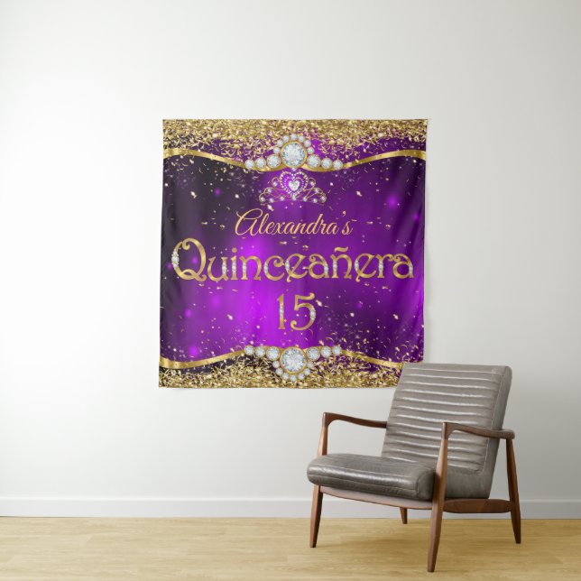 Tenture Quinceanera 15e anniversaire Purple Gold Confetti (En situation)