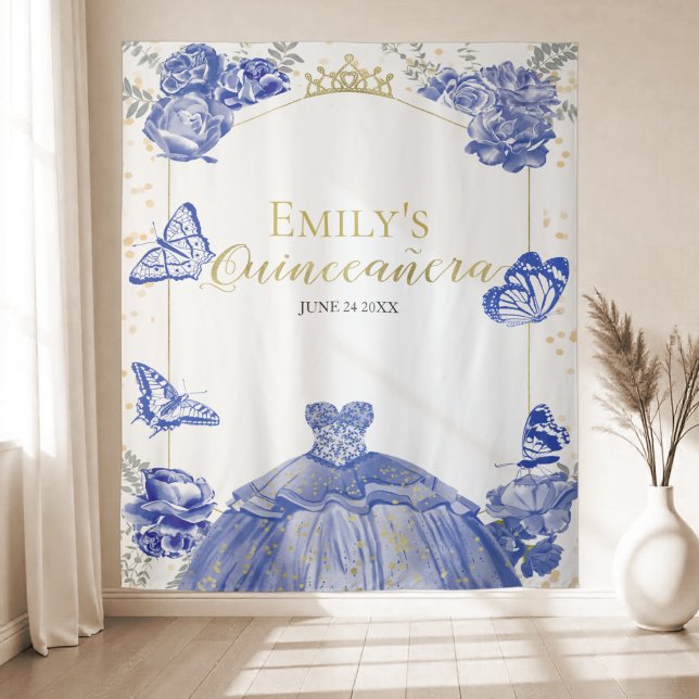 Tenture Quinceanera Arrière-plan Robe Bleue Royale Florale (Créateur téléchargé)