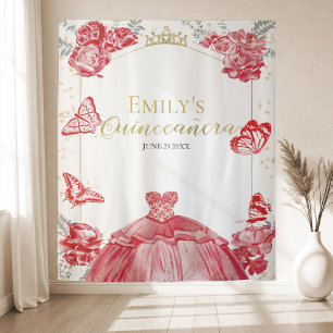 Tenture Quinceanera Arrière-plan Robe rouge Floral Or Huil