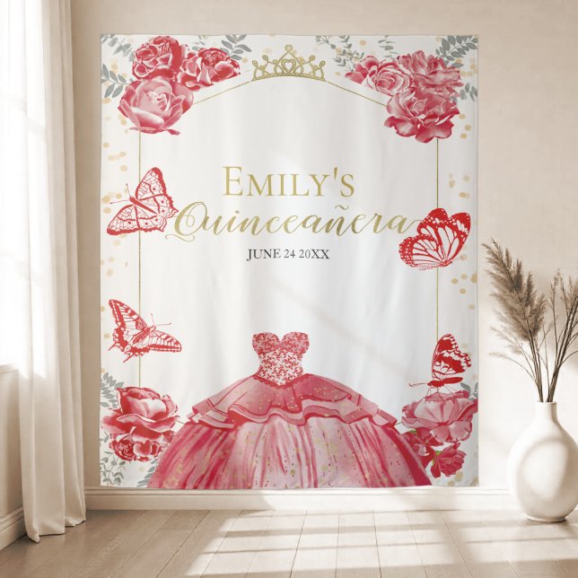 Tenture Quinceanera Arrière-plan Robe rouge Floral Or Huil (Créateur téléchargé)