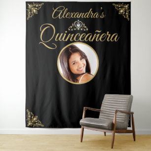 Tenture Quinceanera Photo Black Gold Tiara fête d'annivers
