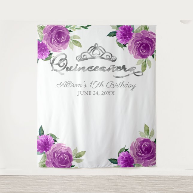 Tenture Quinceanera Silver Tiara Purple Floral fond (Devant)