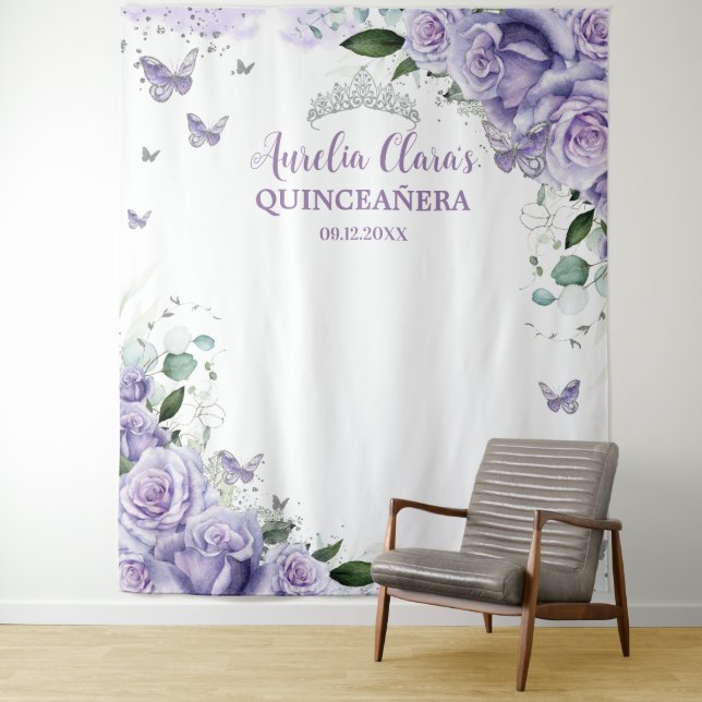 Tenture Quinceañera XV 16 Roses Violettes Fleurs Papillons (En situation)