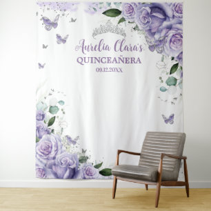 Tenture Quinceañera XV 16 Roses Violettes Florales Papillo
