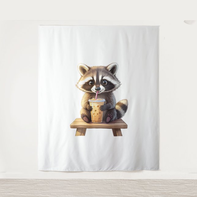Tenture Raccoon Drinking Iced Coffee (Devant)