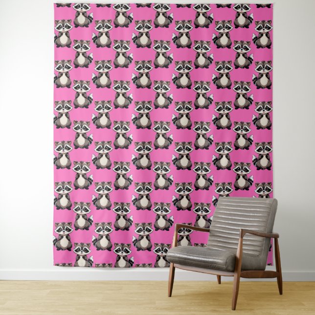 Tenture Raccoon Pattern Design Pink  (En situation)