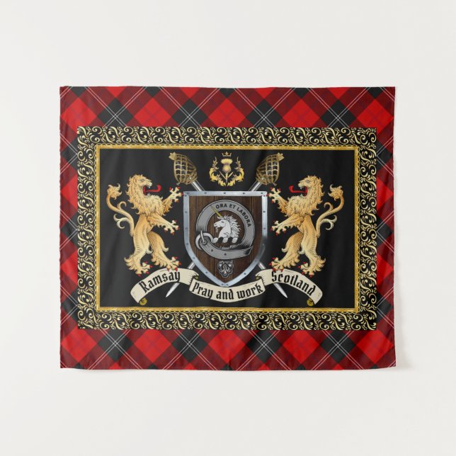 Tenture Ramsay Clan Badge & Motto avec Lions (Devant (Horizontal))