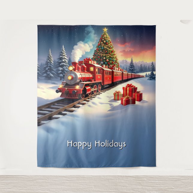 Tenture Red Train Christmas Tree Holiday Backdrop (Devant)