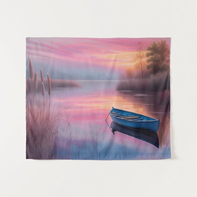 Tenture Réflexion du ciel rose de bateau bleu rustique (Devant (Horizontal))