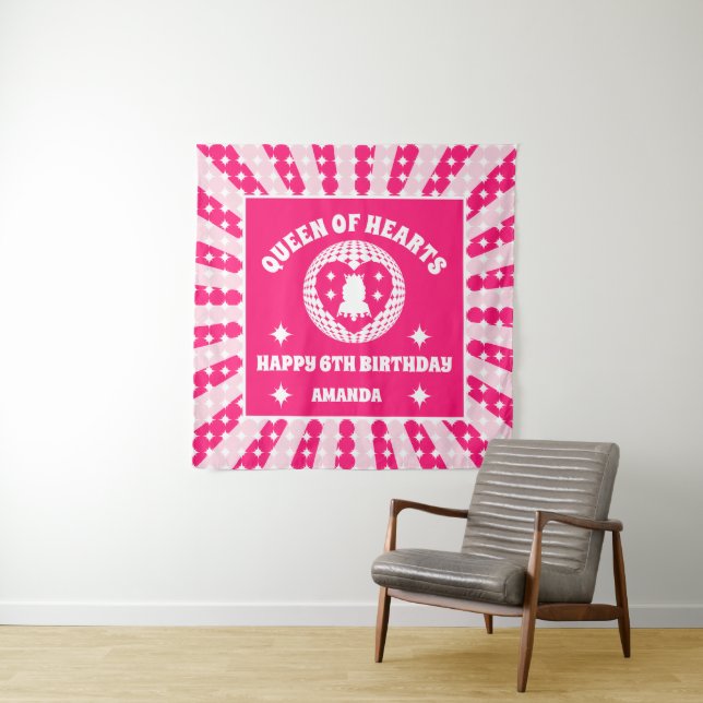 Tenture Reine Des Coeurs Rose Retro Bannière Anniversaire (En situation)