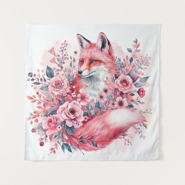 Tenture Renard rose Aquarelle Art Floral (Devant)