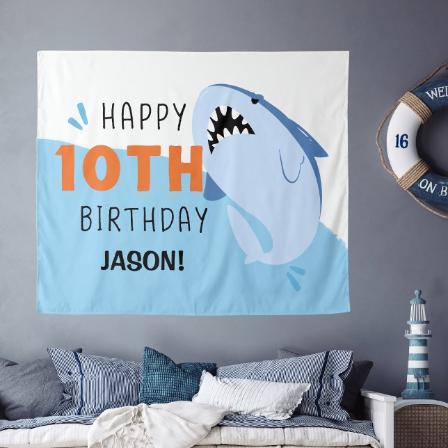 Tenture Requin Personnalisé Enfants 10e anniversaire Conte (Shark Personalized Kids 10th Birthday Backdrop
)