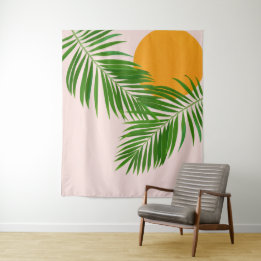 Tenture Rétro Palmiers Coucher de Soleil Tropical Minimali
