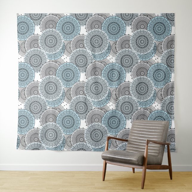 Tenture Rétro, rétro motif, bleu et gris, élégant (En situation (horizontale))